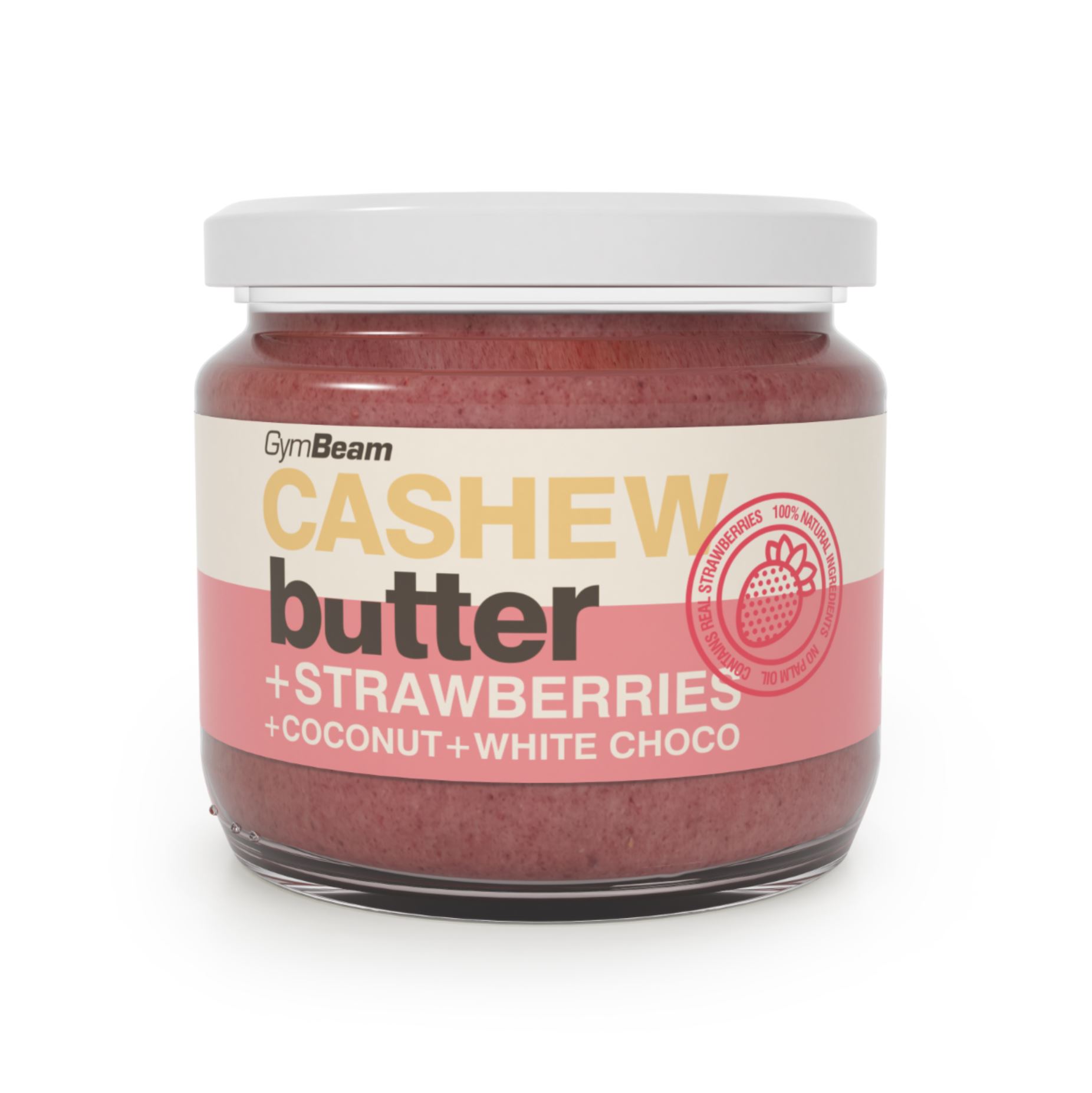 GymBeam Cashewbutter Erbeere + Kokosnuss und weißer Schokolade streichzart 340 g