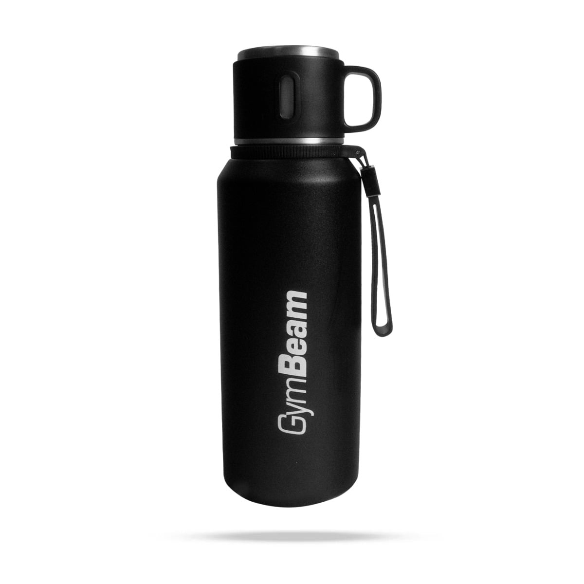 GymBeam Edelstahl-Thermosflasche 1 Liter schwarz mit Becher doppelwandig heiß & kalt bis 12 Std.
