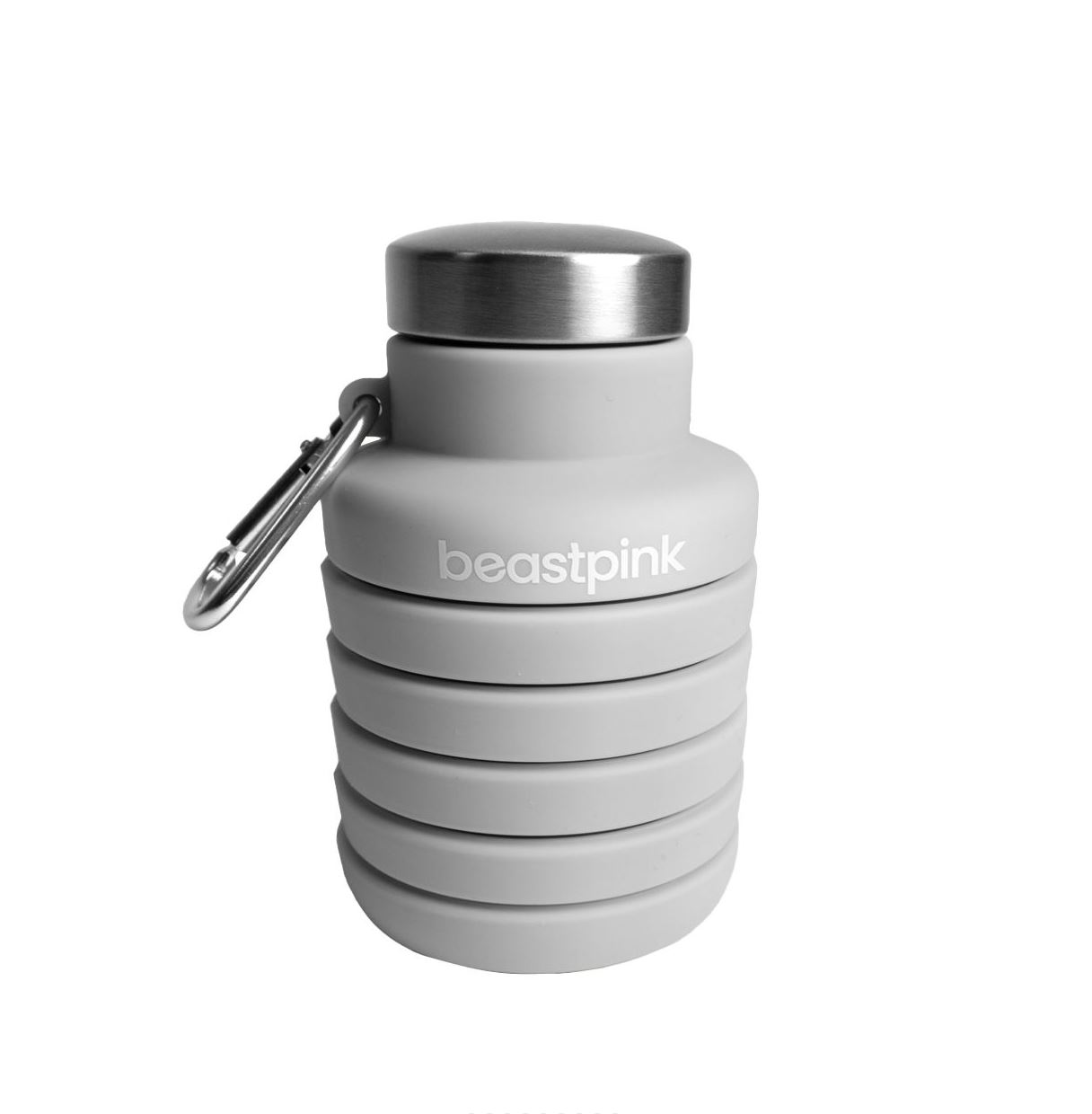 BeastPink Faltbare Trinkflasche grau mit Karabinerhaken aus Silikon Kompakttrinkflasche als Minitrinkflasche 500 ml