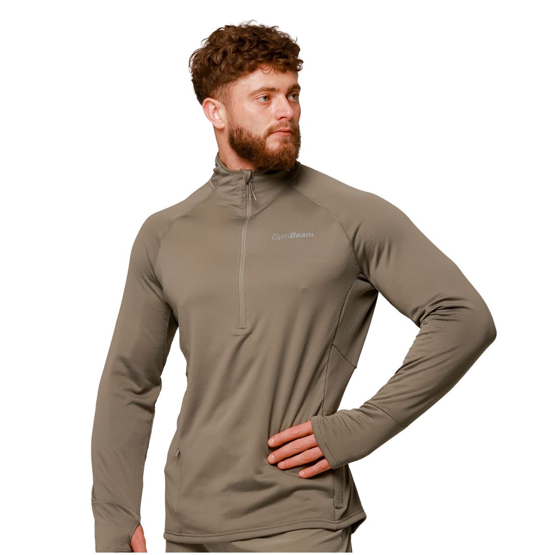 GymBeam PULSE Lauf-Sweatshirt mit Reißverschlusstaschen atmungsaktiv & schnelltrocknend Vetiver Gr. S