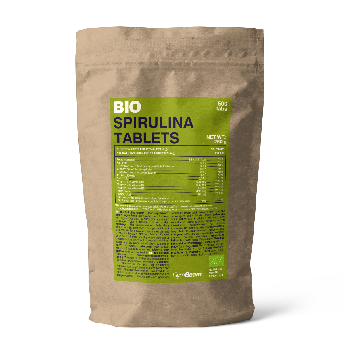 GymBeam BIO Spirulina Blaualge gluten und laktosefrei 500 Tabletten