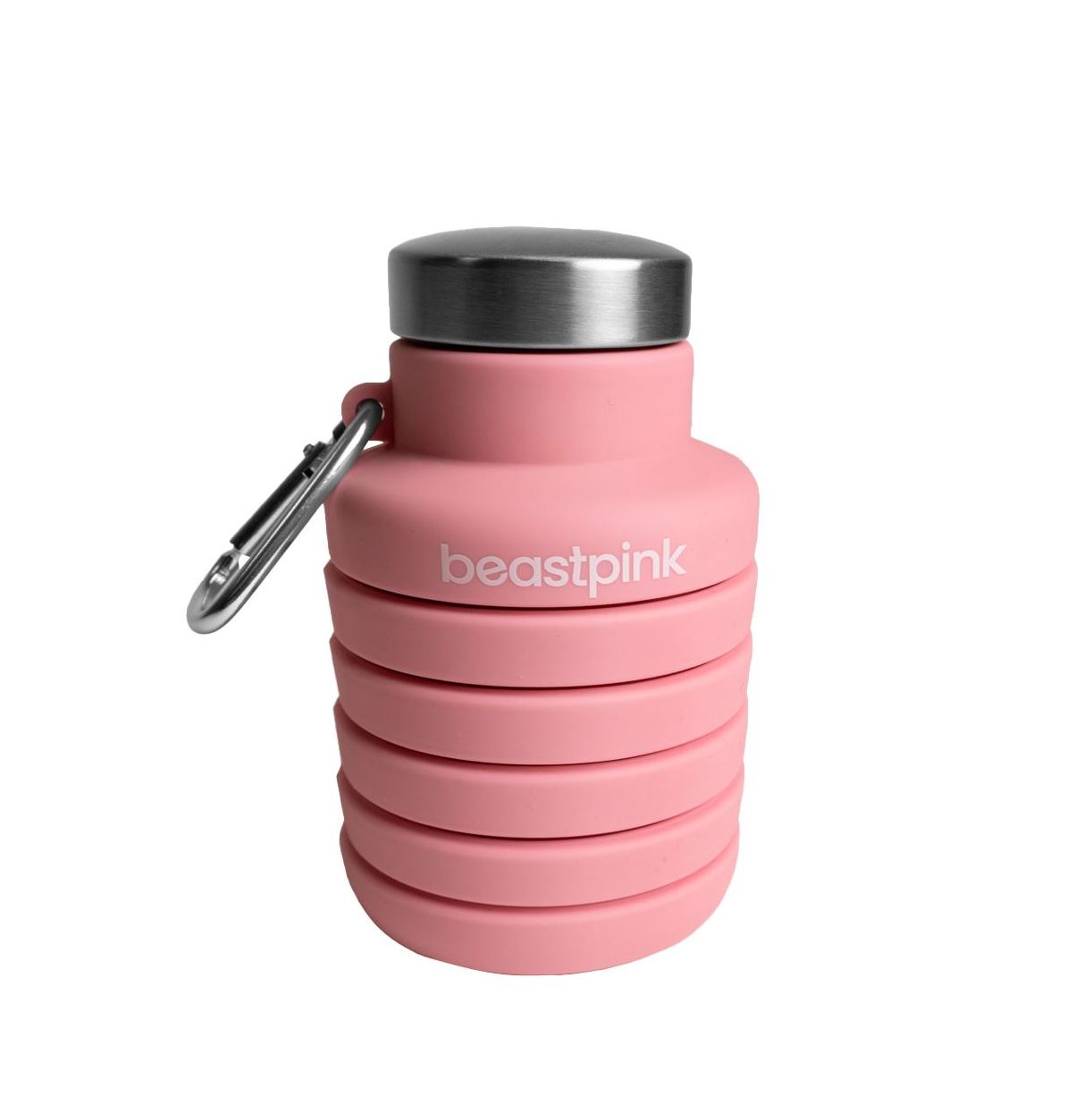 BeastPink Faltbare Trinkflasche pink mit Karabinerhaken aus Silikon Kompakttrinkflasche als Minitrinkflasche 500 ml