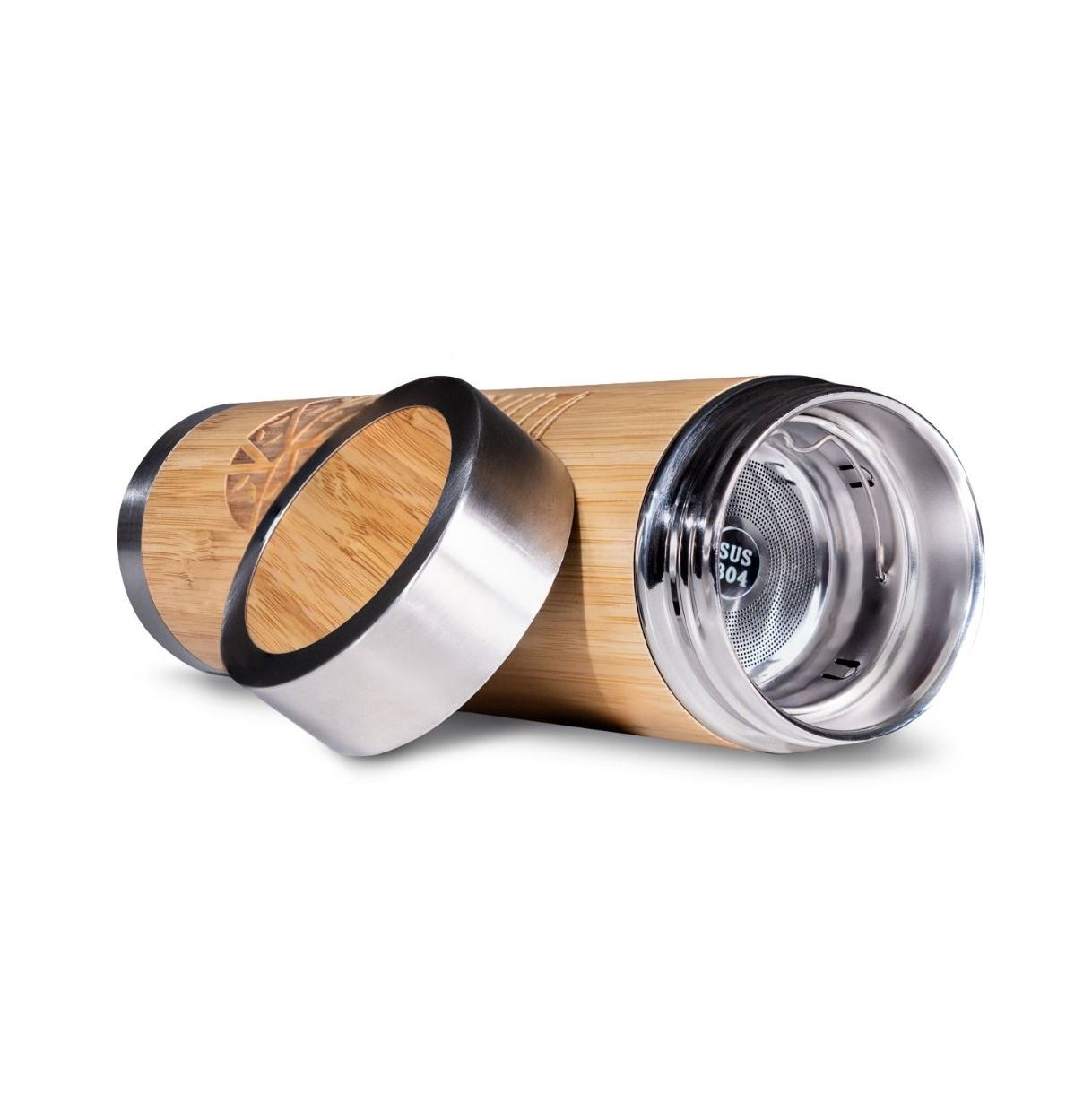 VanaVita Edelstahl-Bambustrinkflasche mit Infuser Aufgussfilter Designer Bambusflasche mit Sieb 500 ml