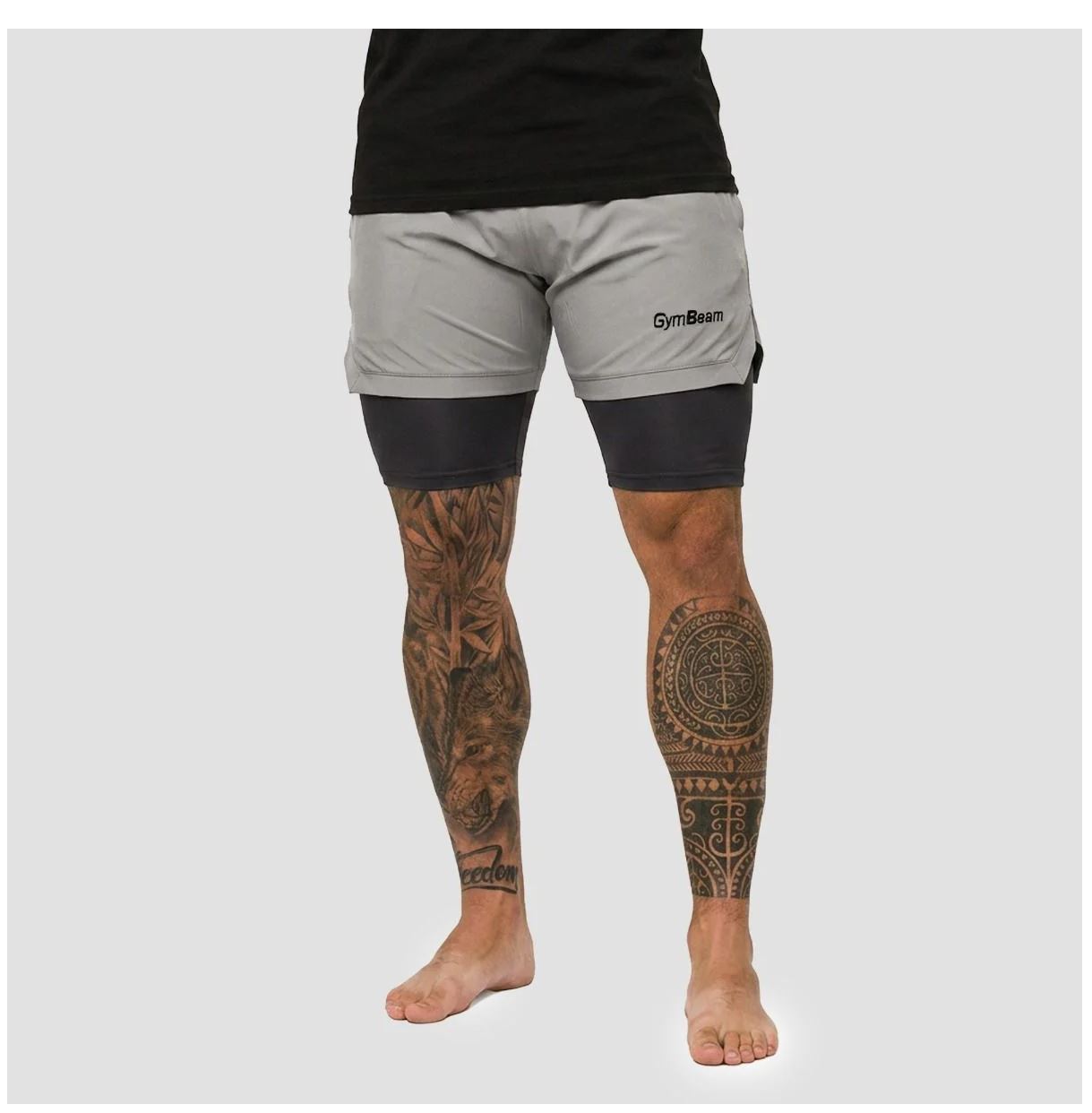 GymBeam 2in1 Shorts smoke Radlerhose mit Shorts für Männer mit elastischem Innenfutter Gr. S