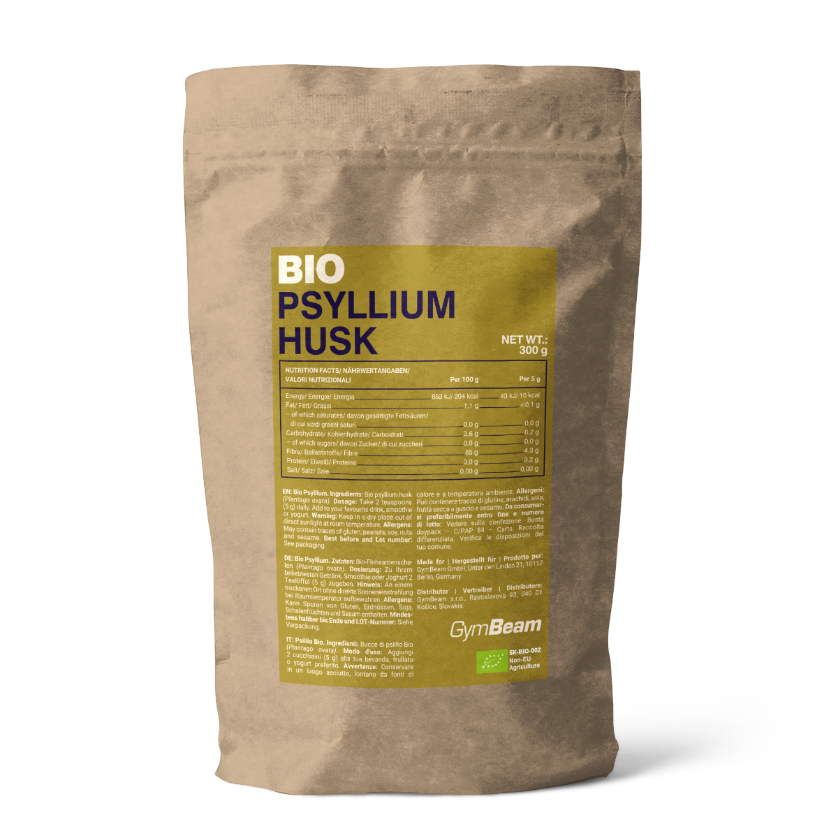 GymBeam BIO Flohsamen löslicher Ballaststoff Flohsamenschalen Vegan 300 g
