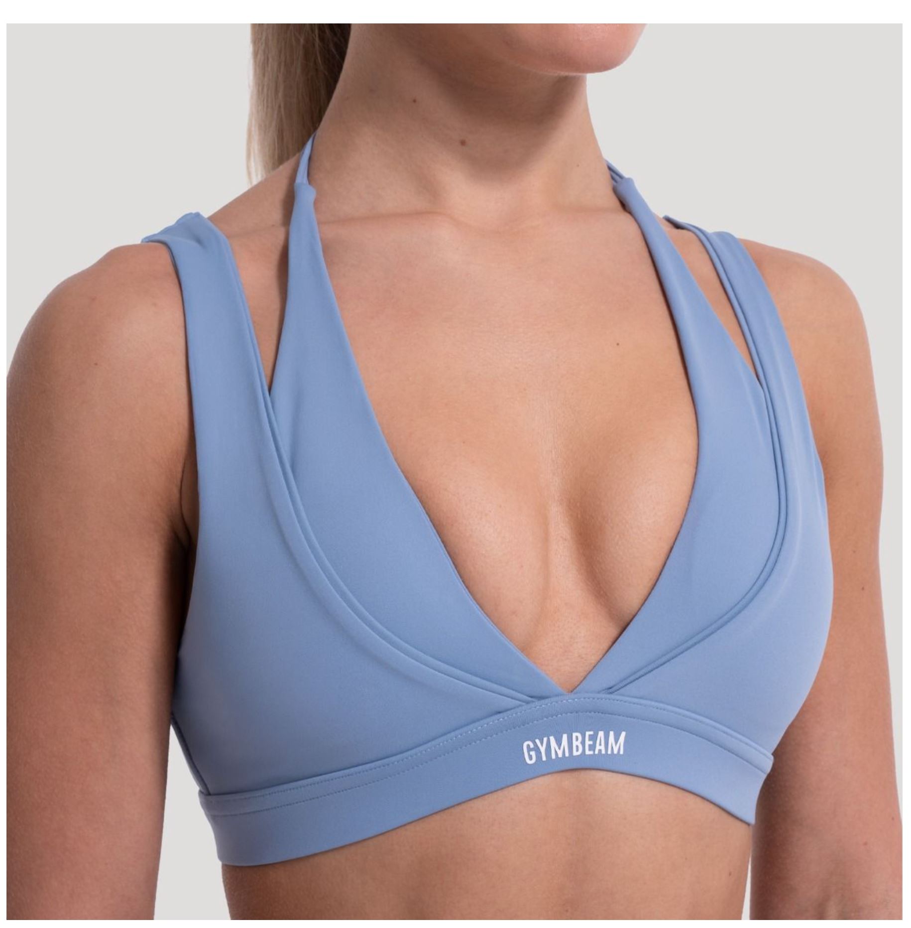 GymBeam Sport-BH FLOW Azurblau zweilagiges Design Fitness-BH mit Stützkraft & V-Ausschnitt Gr. L