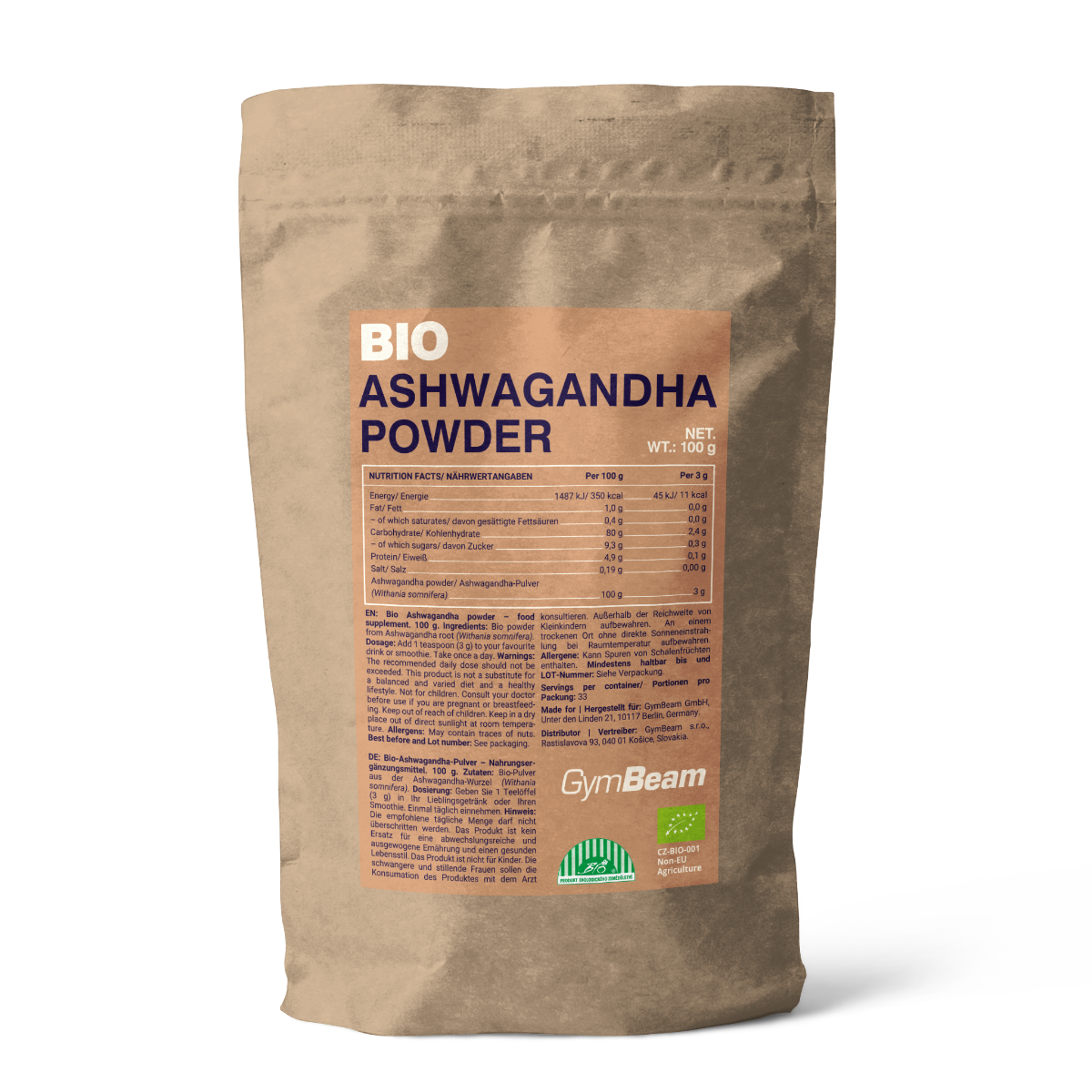 GymBeam BIO Ashwagandha zuckerfrei in Pulverform Vegan