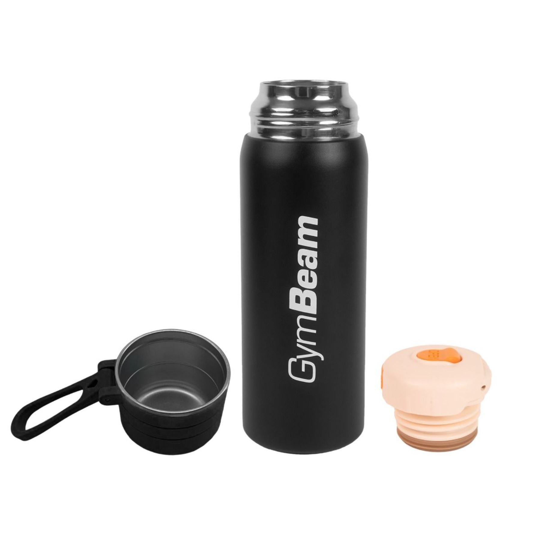 GymBeam Edelstahl-Isolierflasche 500 ml doppelwandig mit Becher schwarz warm & kalt
