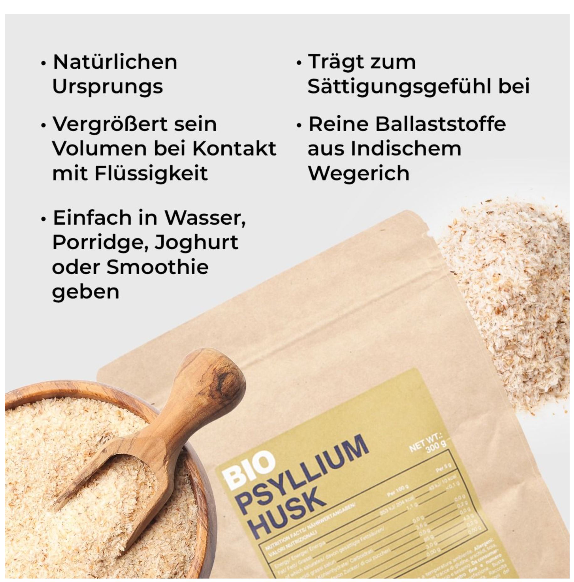 GymBeam BIO Flohsamen löslicher Ballaststoff Flohsamenschalen Vegan 300 g
