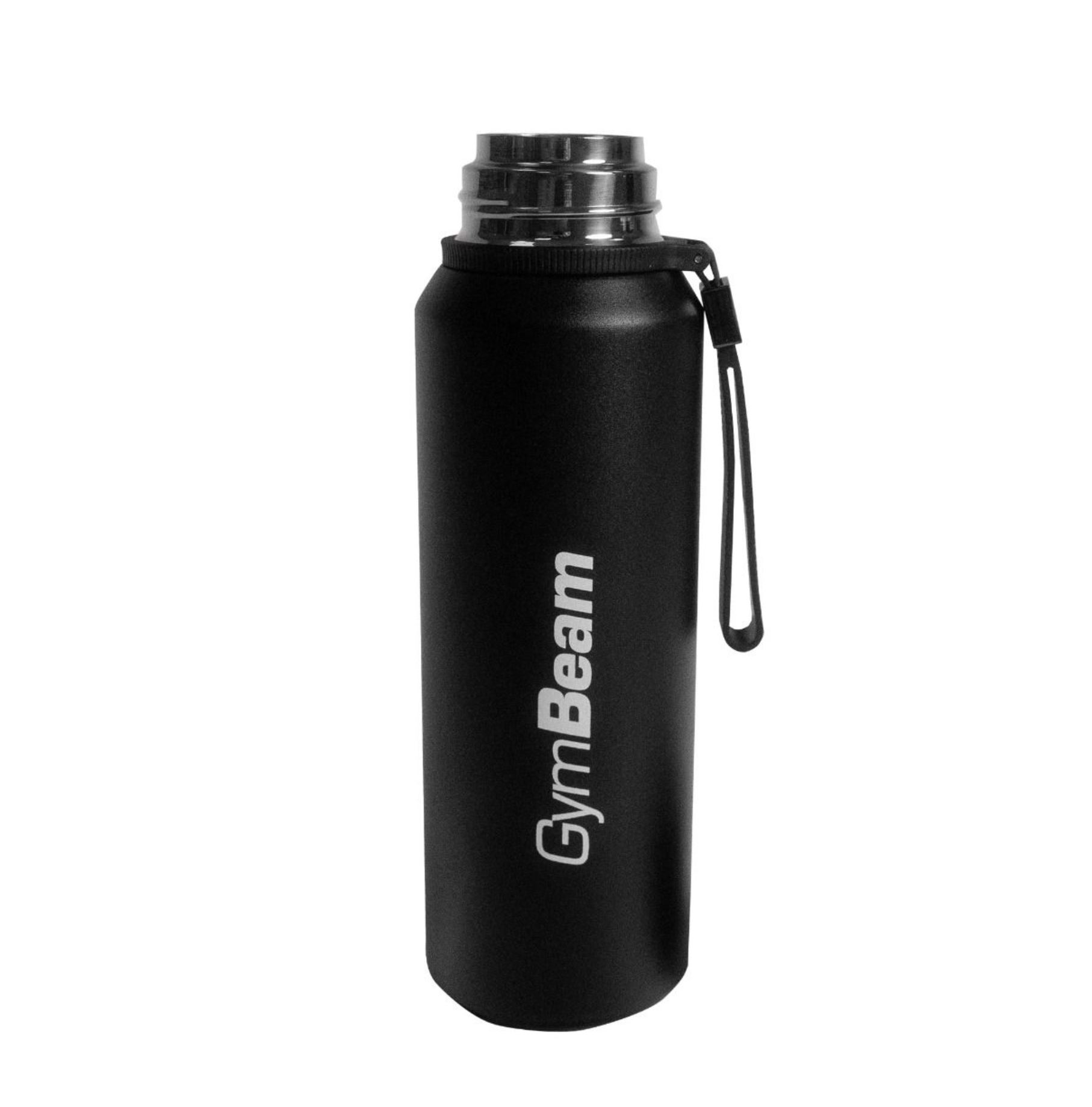 GymBeam Edelstahl-Thermosflasche 1 Liter schwarz mit Becher doppelwandig heiß & kalt bis 12 Std.