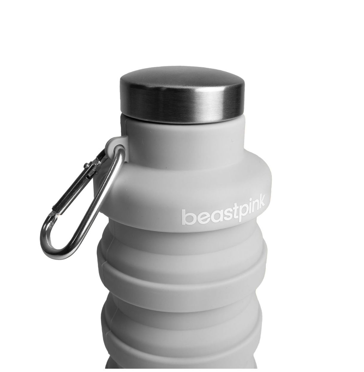 BeastPink Faltbare Trinkflasche grau mit Karabinerhaken aus Silikon Kompakttrinkflasche als Minitrinkflasche 500 ml