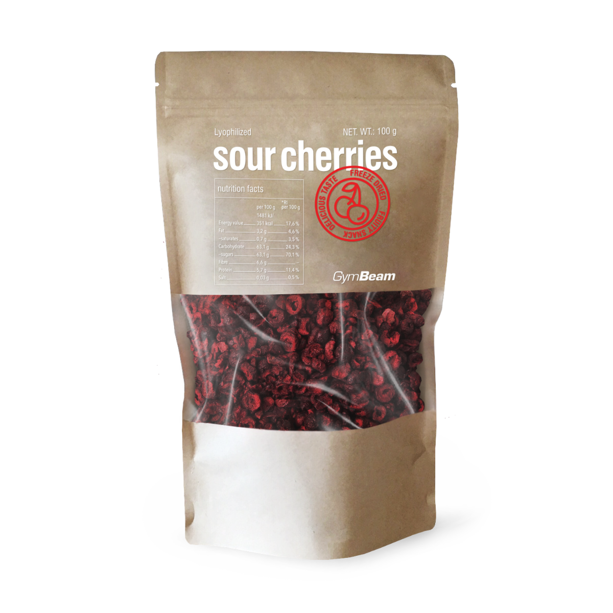 GymBeam Sauerkirschen gefriergetrocknet als knusprige Fruchtstücke Snack 100 g